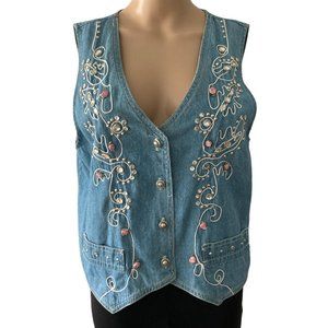 Vintage Bridge denim embroidered flower bling size M made in USA Vest